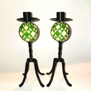 JIM SHORE HEARTWOOD CREEK GEOMETRIC GREEN/ CREAM WROUGHT IRON CANDLE  HOLDERS
